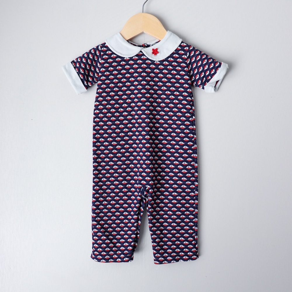 Vintage Nautical Sailboat AOP Knit Romper Jumpsuit